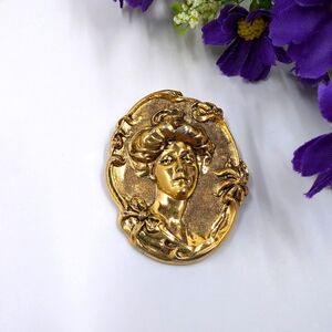 Unique and Vintage Metal Cameo Oversized Brooch
